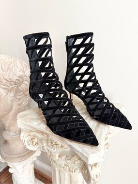 Aquazzura Black Velvet Cage Pointed Ankle-Heels